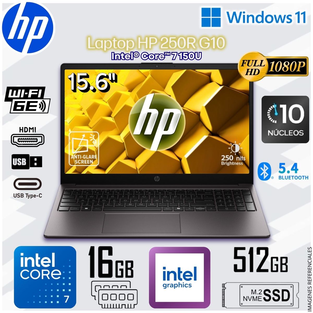 HP - Laptop Notebook HP 250R G10 15.6" FHD Intel® Core™ 7 150U Intel® Graphics 16GB DDR5  512GB SSD - D2DX8AT