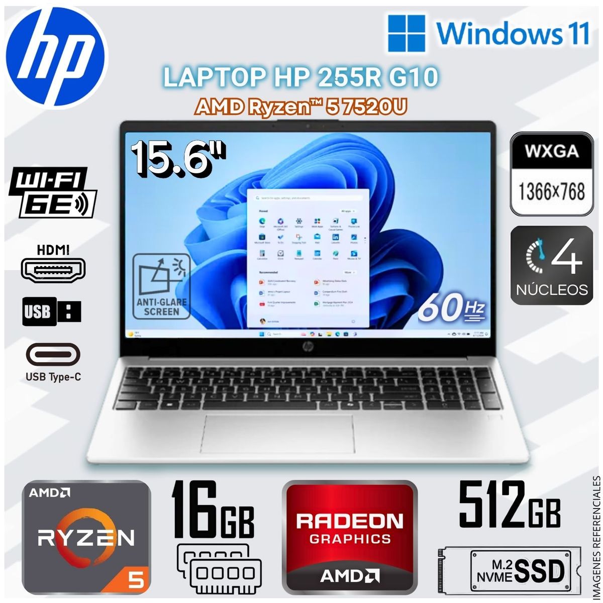 HP - Laptop Notebook HP 255R G10 15.6" HD AMD Ryzen™ 5 7520U AMD Radeon™ Graphics 16GB LPDDR5 512GB SSD CZ1P1LT