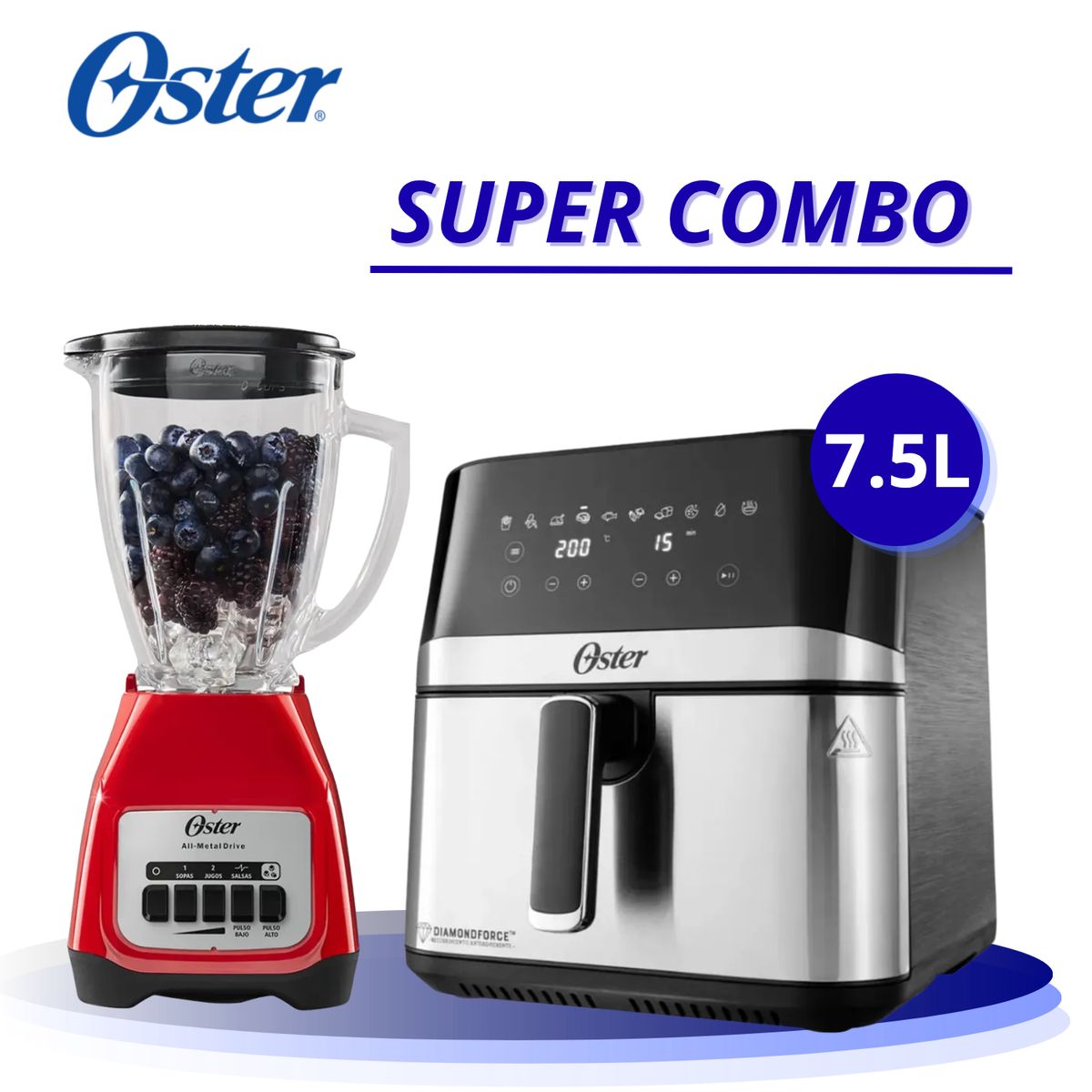 OSTER - Combo Oster Freidora de Aire 7.5L + Licuadora roja 800W