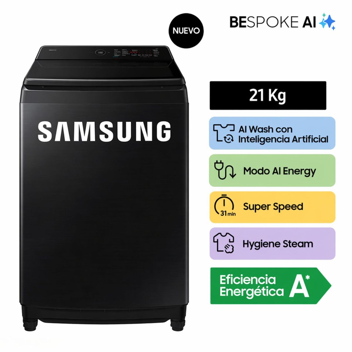 SAMSUNG - Lavadora Samsung AI Wash EcoBubble™ 21kg Negra WA80F21B9BPE