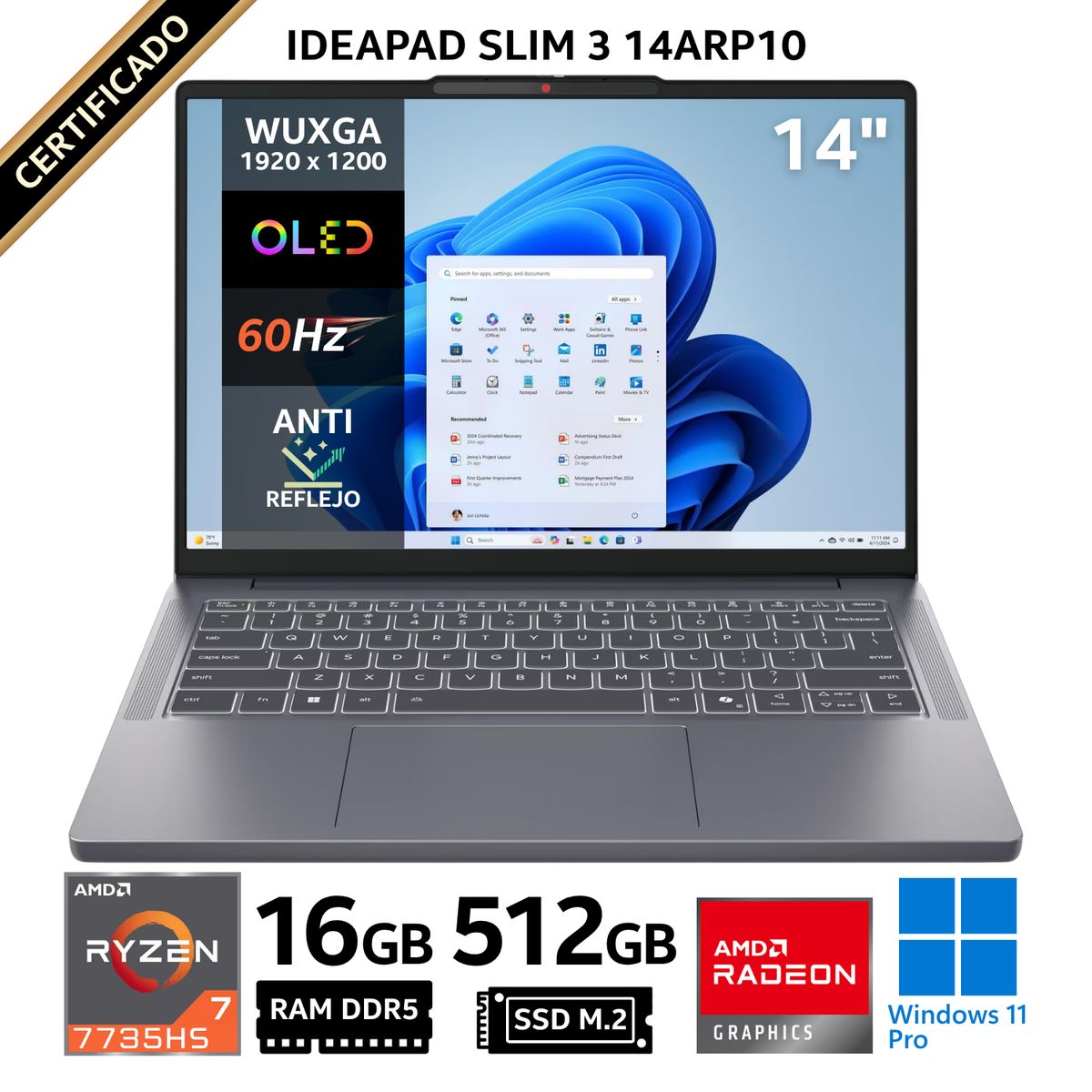 LENOVO - Laptop Lenovo IdeaPad Slim 3, 14" WUXGA OLED, AMD Ryzen 7-7735HS, RAM 16GB, SSD 512GB, Win 11 Home