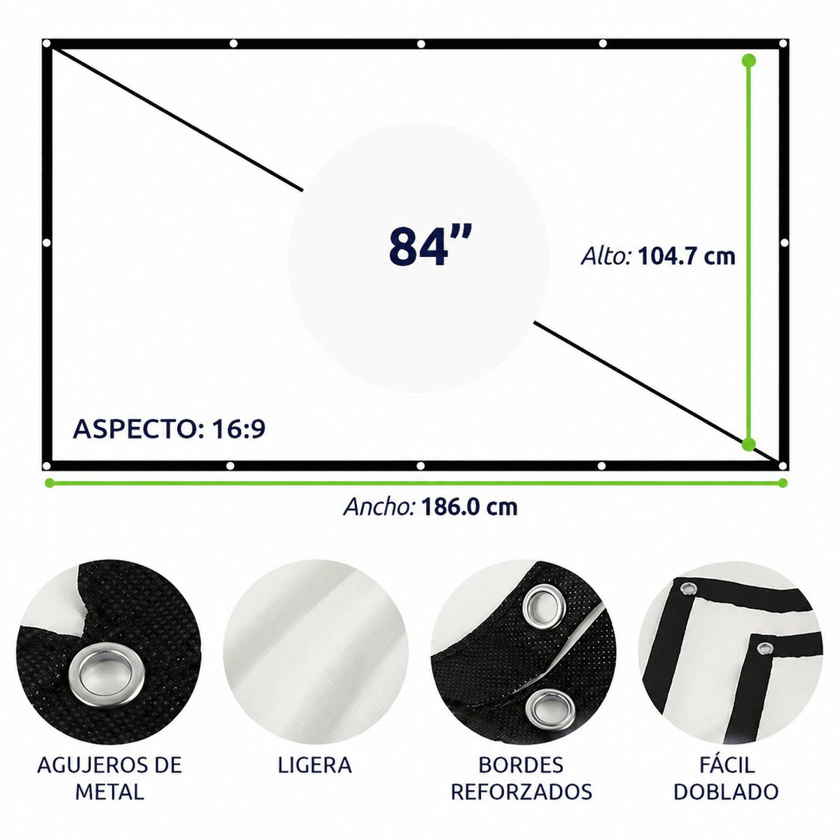 JPSYSTEMS - Ecran Pantalla Para Proyección Tela 84 Pulgadas Blanco + fijadores
