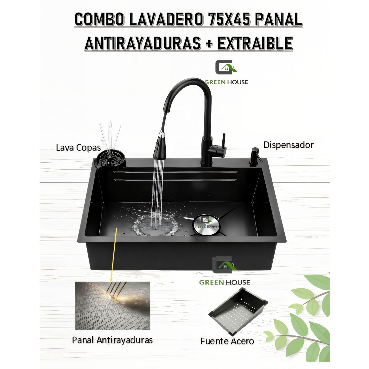 GREEN - COMBO LAVADERO 75X45 PANAL ANTIRAYADURAS + MEZCLADORA EXTRAIBLE EXTRAIBLE