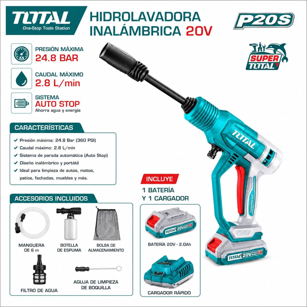 Hidrolavadora Inalámbrica TOTAL 20V 1 Batería y Cargador TPWLI20362, marca Total Tools - Foto 2