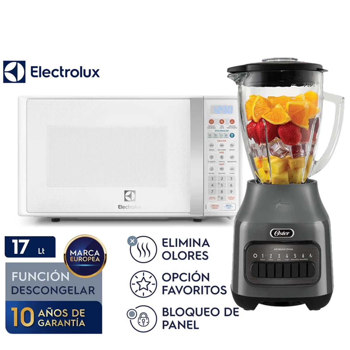 OSTER - Combo Licuadora 6 Vel  Oster BLSTPEG-GPB más Horno Microondas 17L EMDO17S2GSRUW  Electrolux