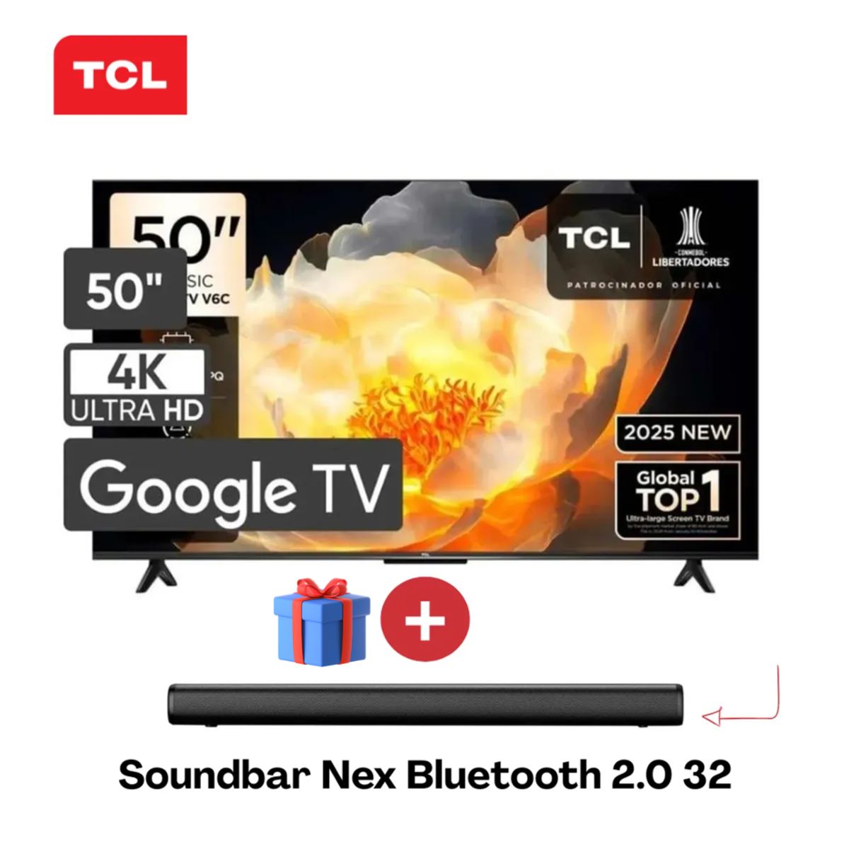TCL - Televisor TCL 50” 4K UHD Smart TV Google TV 50V6C + Soundbar Nex Bluetooth 2.0 32