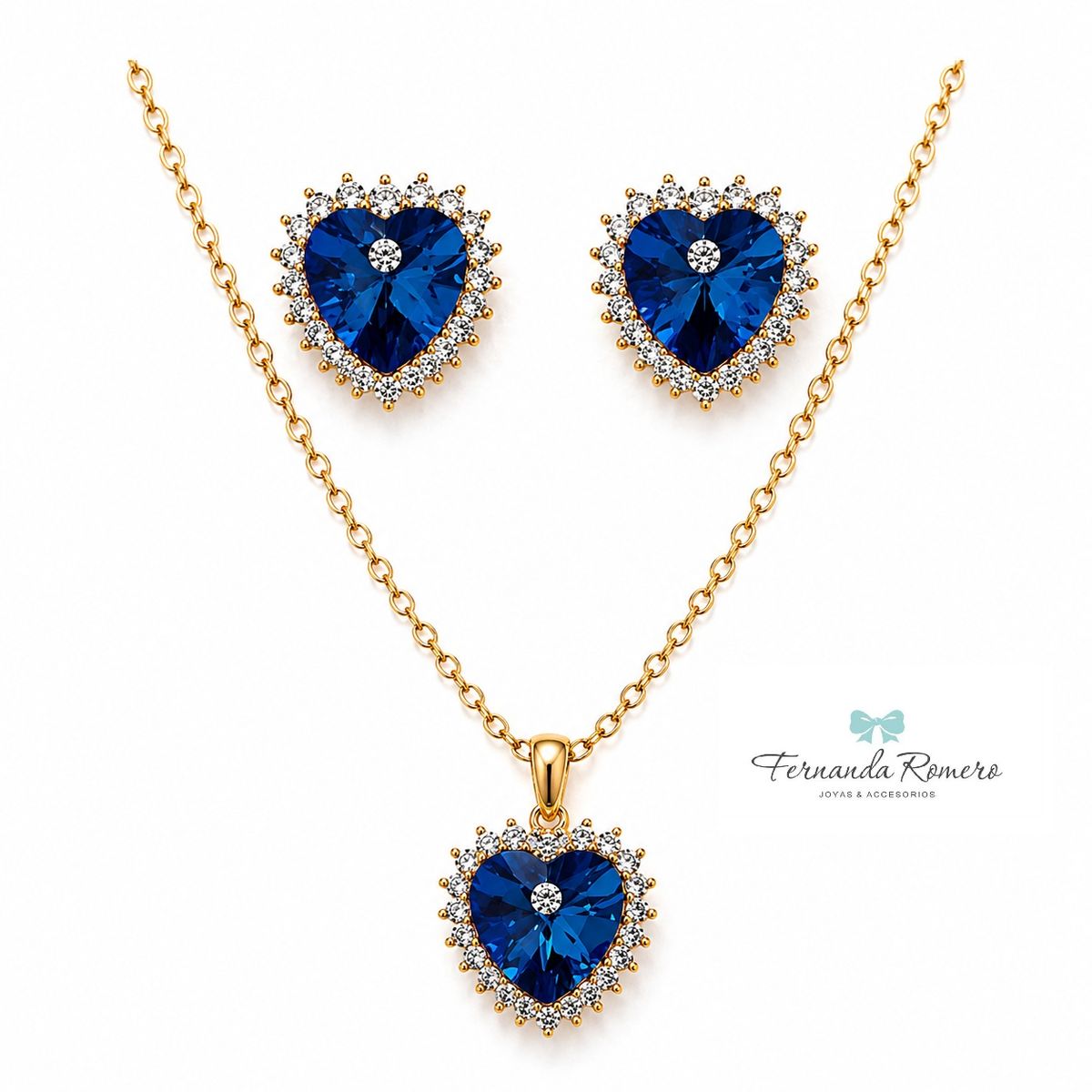 FERNANDA ROMERO JOYAS Y ACCESORIOS - JUEGO COLLAR + ARETES CORAZÓN - ENCHAPADO EN ORO 18K AZUL TITANIC CON CRISTALES AUSTRIACOS