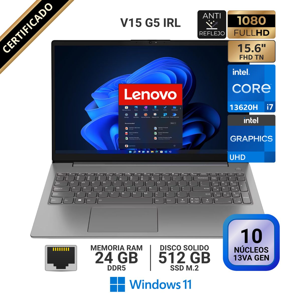 LENOVO - Laptop Lenovo V15 G5 IRL, 15.6" FHD TN, Core i7-13620H 13va GEN, RAM 24GB, SSD 512GB, Windows 11 Pro