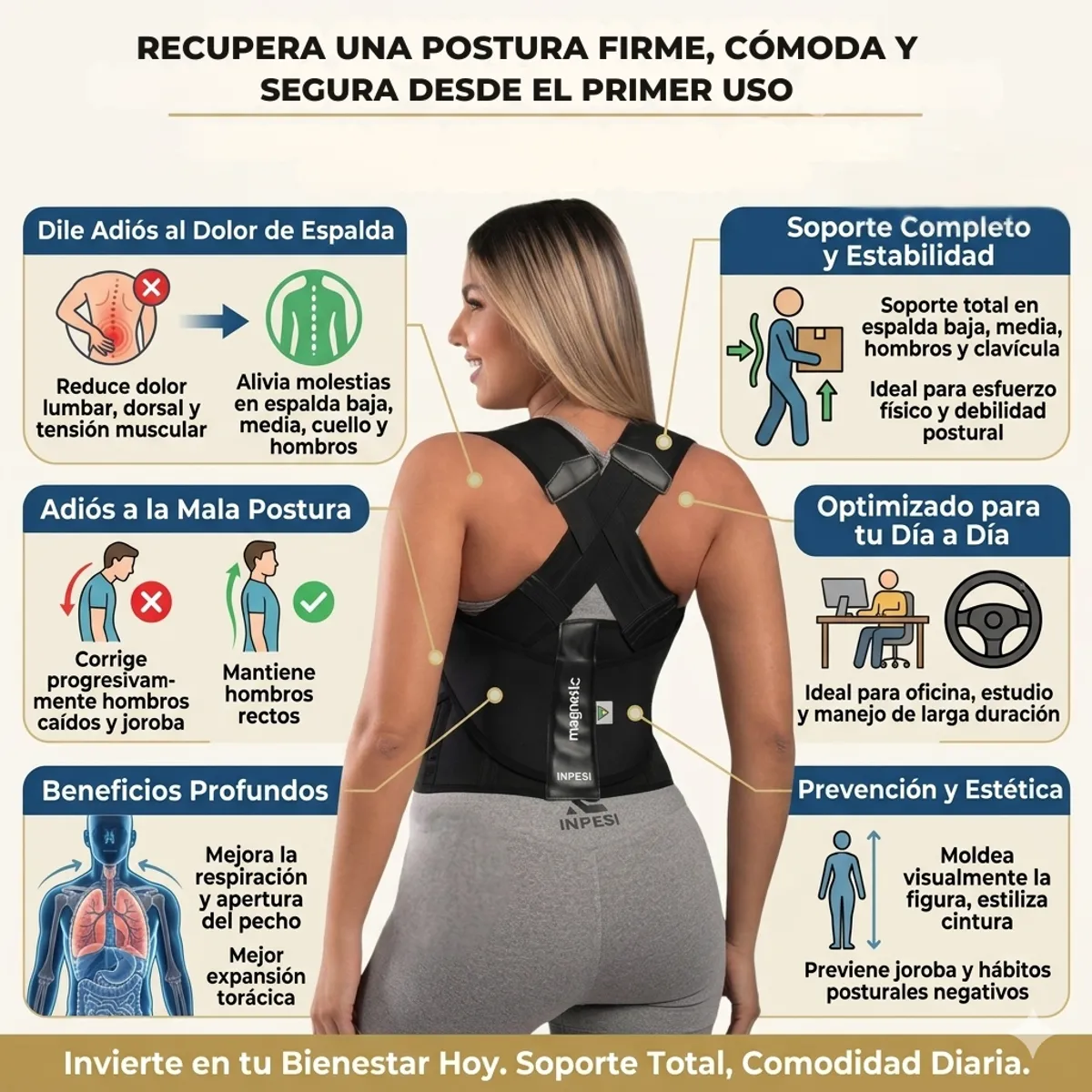 GENERAL - Corrector de Postura Magnético 5D Inpesi Faja Soporte Espalda Talla M UNISEX
