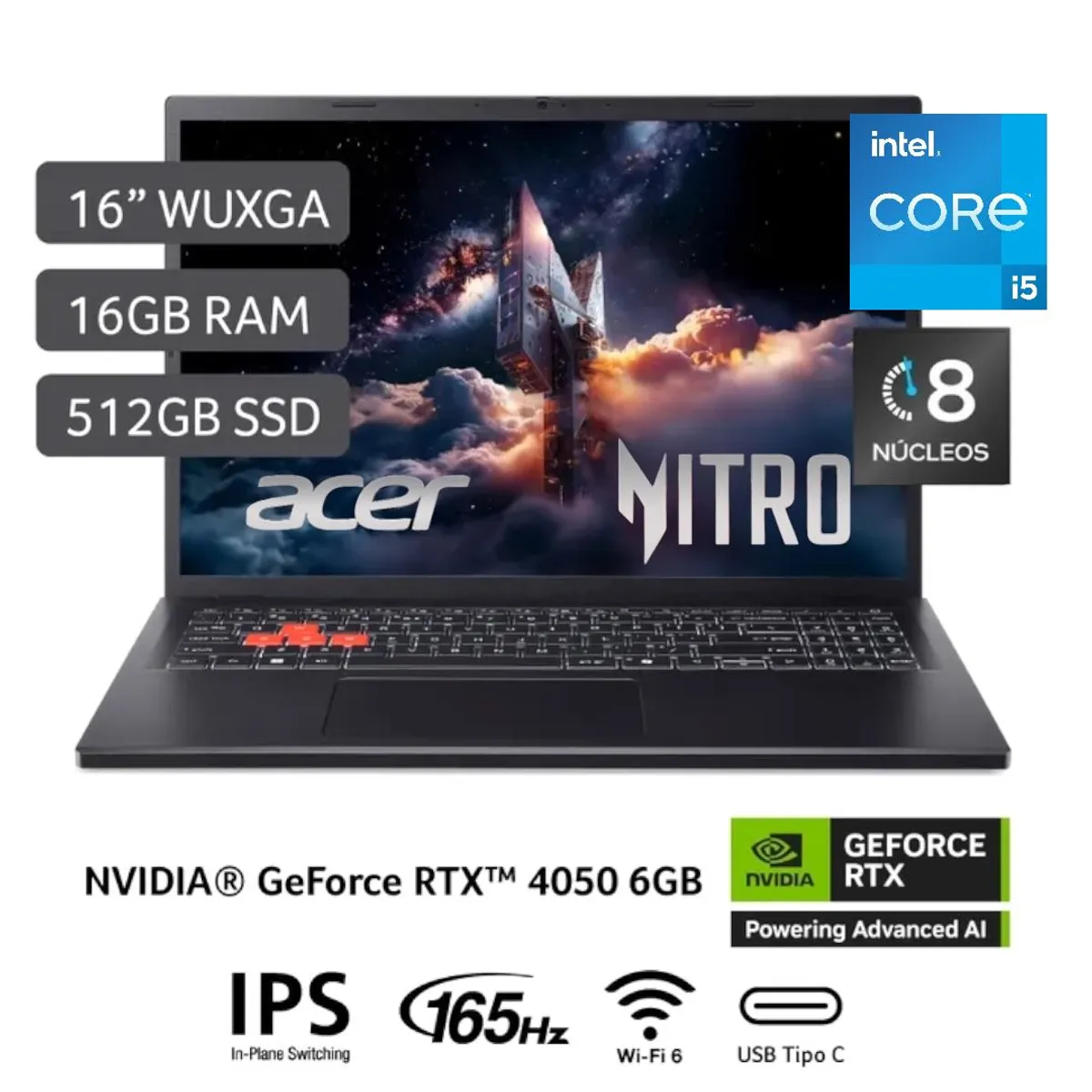 ACER - Laptop Gamer Acer Intel Core i5 13420H RTX 4050-6GB 16GB DDR5 512SSD 16WUXGA Win11 - Nitro Lite