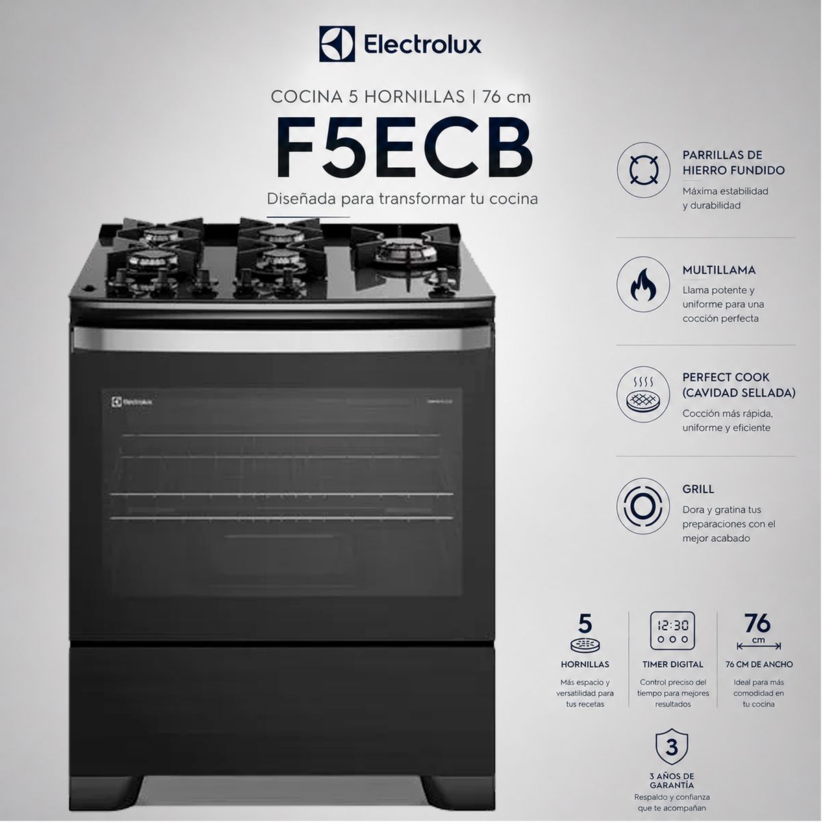ELECTROLUX - Cocina Electrolux 5 Quemadores 76 cm F5ECB Timer Digital