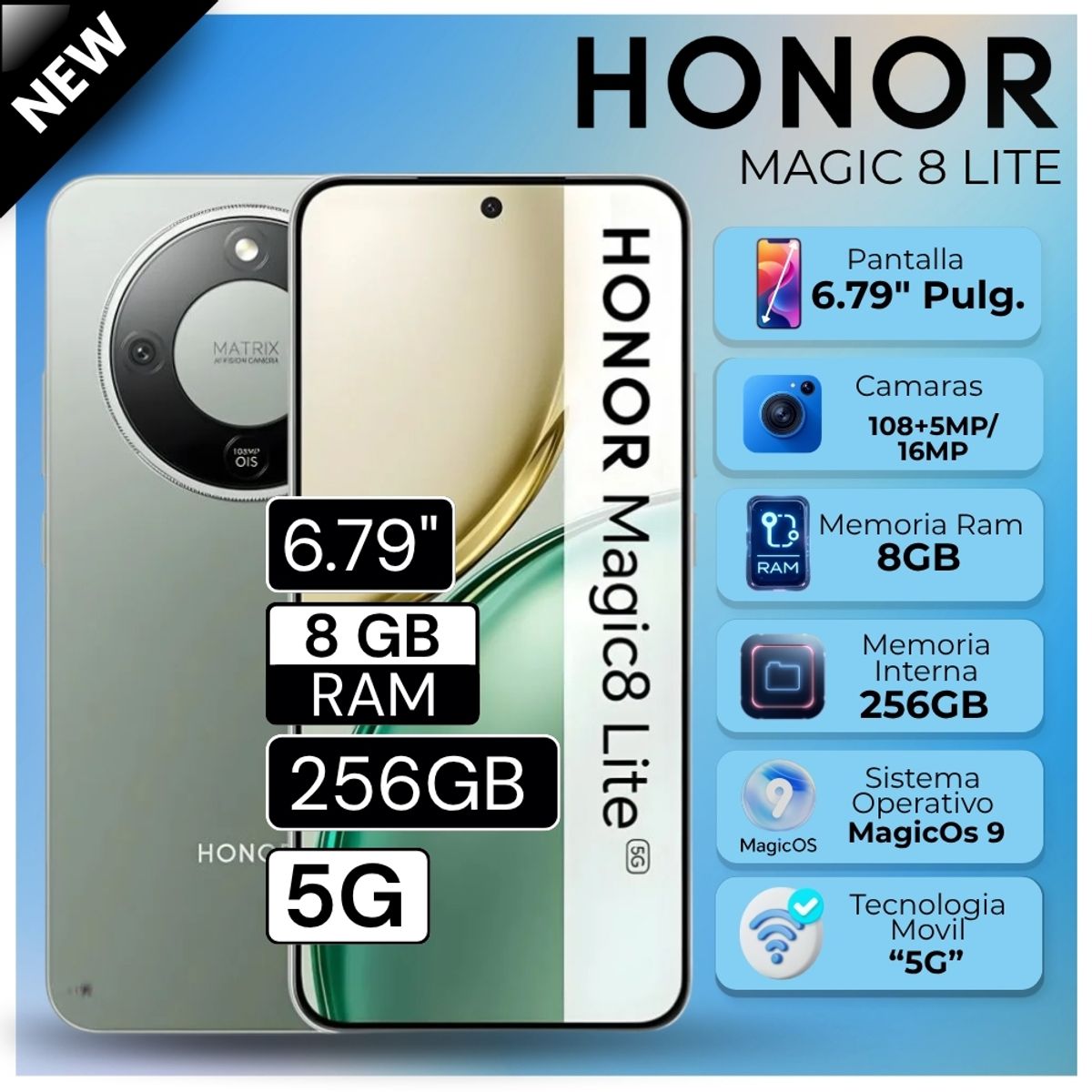 HONOR - Celular Honor Magic 8 Lite 5G 8GB RAM 256GB 6.79"  Pulg. MagicOS 9.0 - Verde Bosque