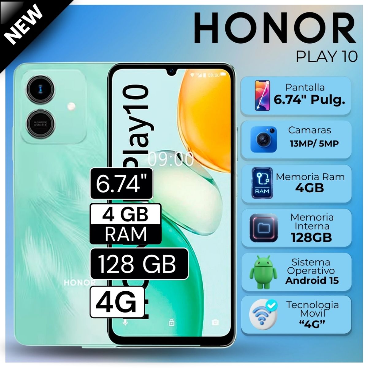 HONOR - Celular Honor Play 10  6.74" Pulg. 4GB RAM 128GB Android 15 - Azul Cian
