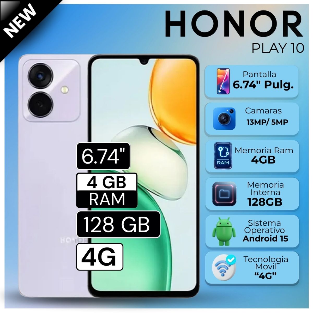 HONOR - Celular Honor Play 10  6.74" Pulg. 4GB RAM 128GB Android 15 - Morado Estelar