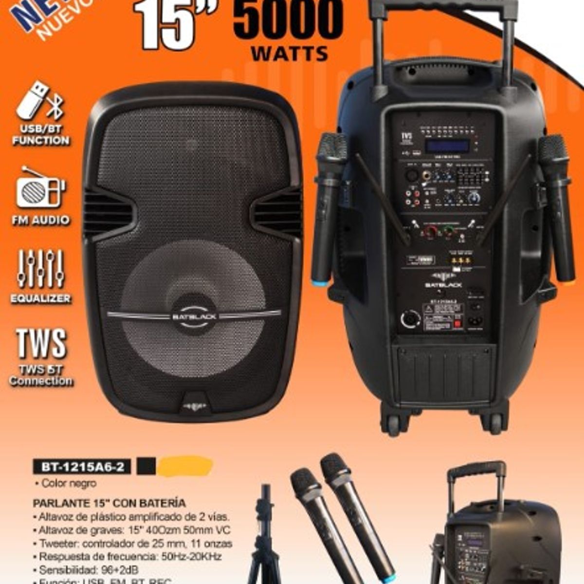 BATBLACK - Parlante Activo de 15 5000W BT-1215A6-2