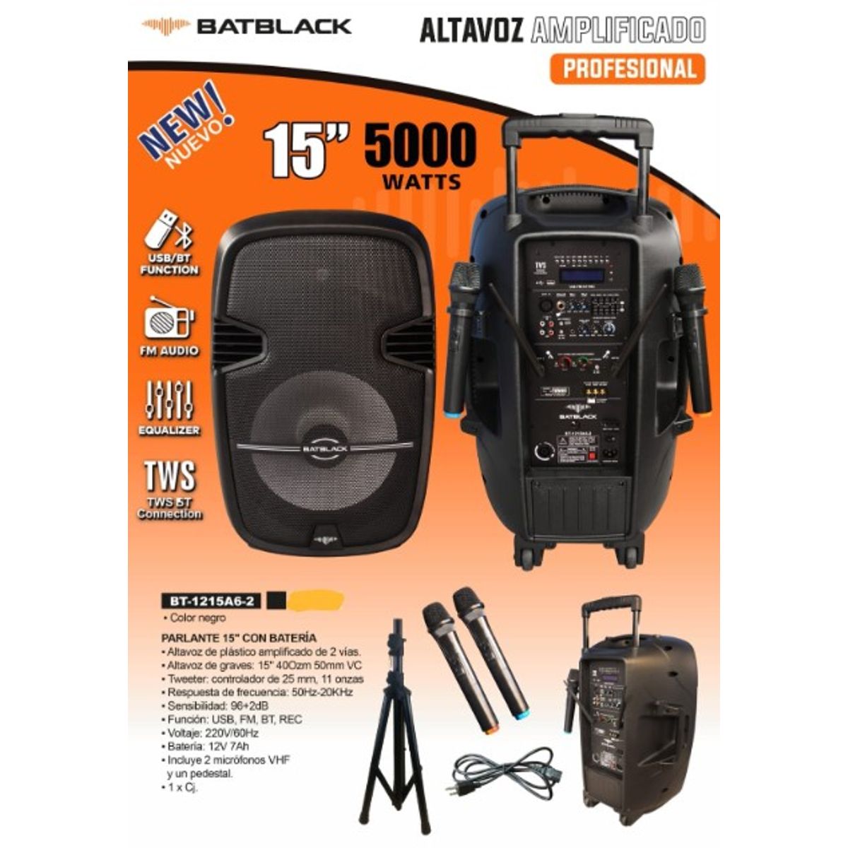 BATBLACK - Parlante Activo de 15 5000W BT-1215A6-2