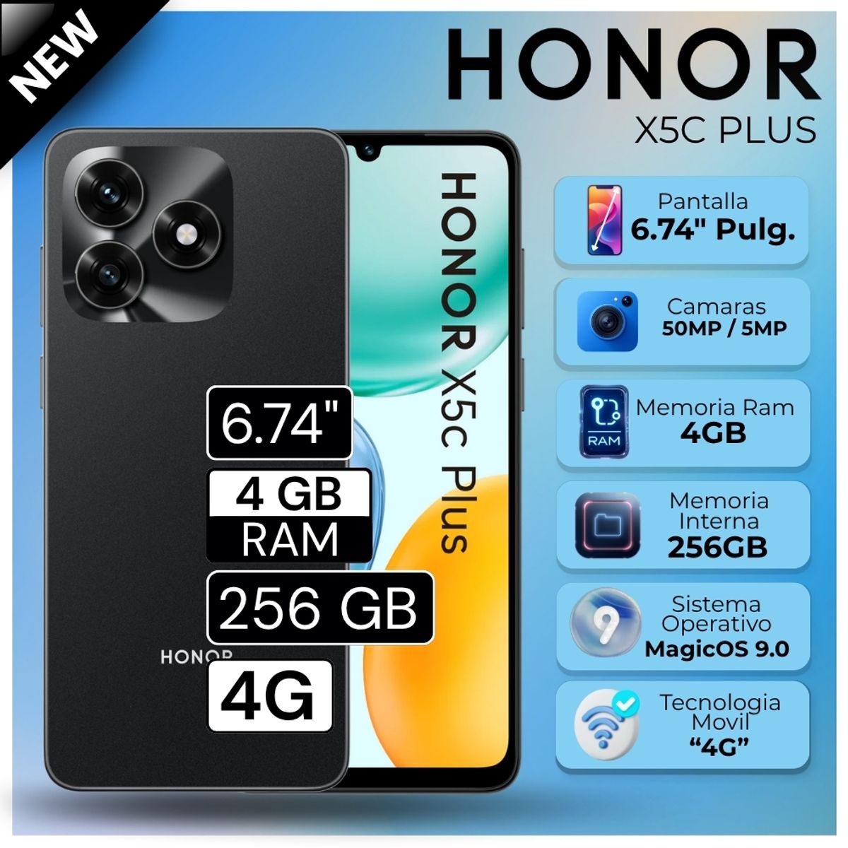 HONOR - Celular Honor X5C Plus 6.74"  Pulg.  4GB RAM 256GB MagicOS 9.0 - Negro Medianoche