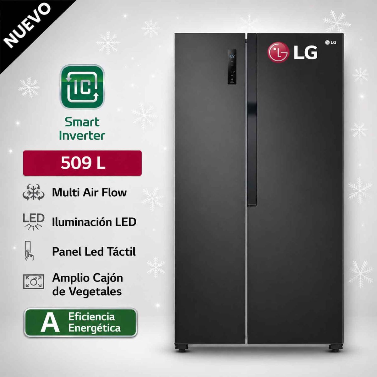 LG - Refrigeradora Side By Side LG GS51MPD Con Múltiple Flujo de Aire, Negra 509L No Frost