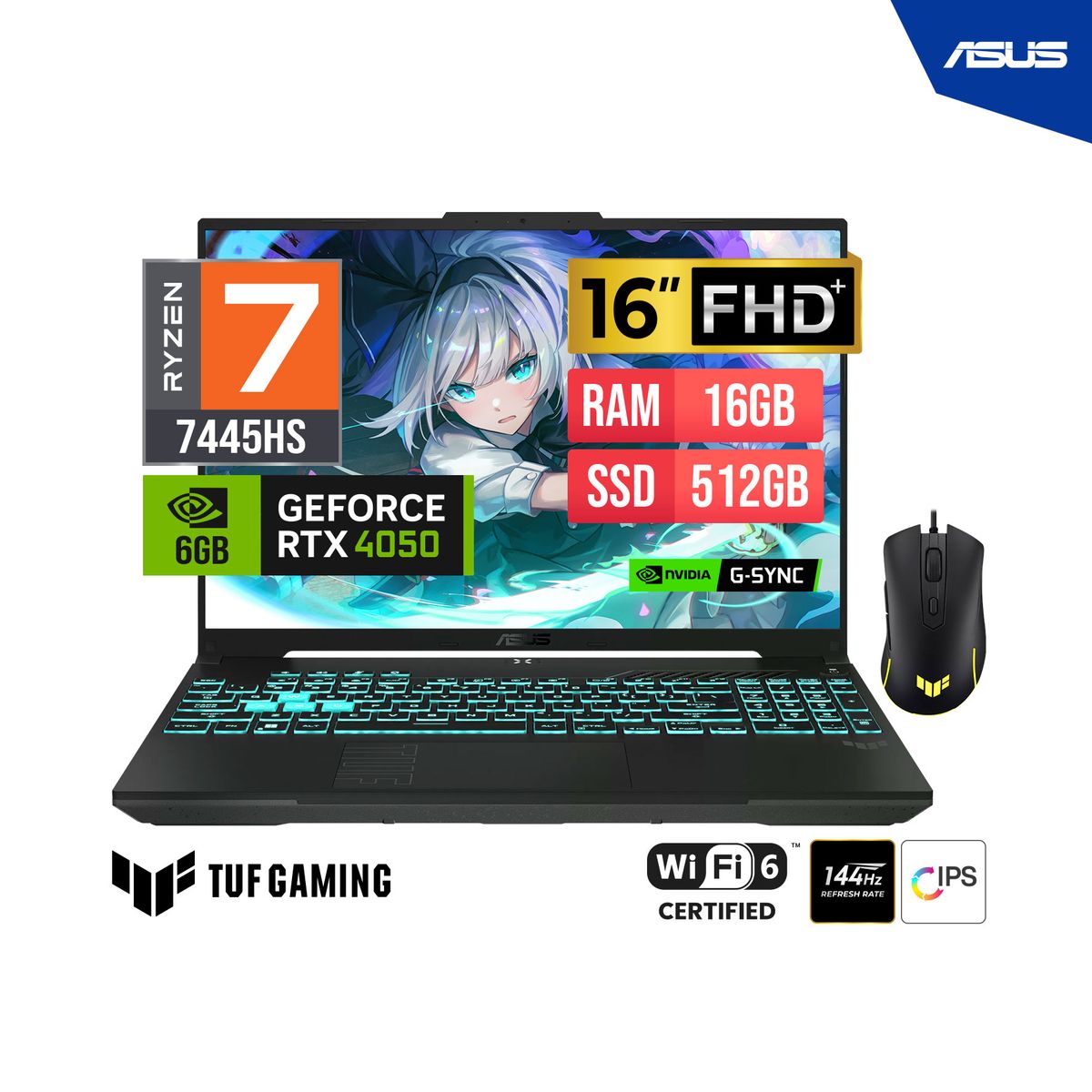 ASUS - LAPTOP ASUS TUF A16 FA607NUG-RL216 16" WUXGA IPS Ryzen 7 7445HS 3.2-4.7G 16GB DDR5 512GB RTX4050 6GB