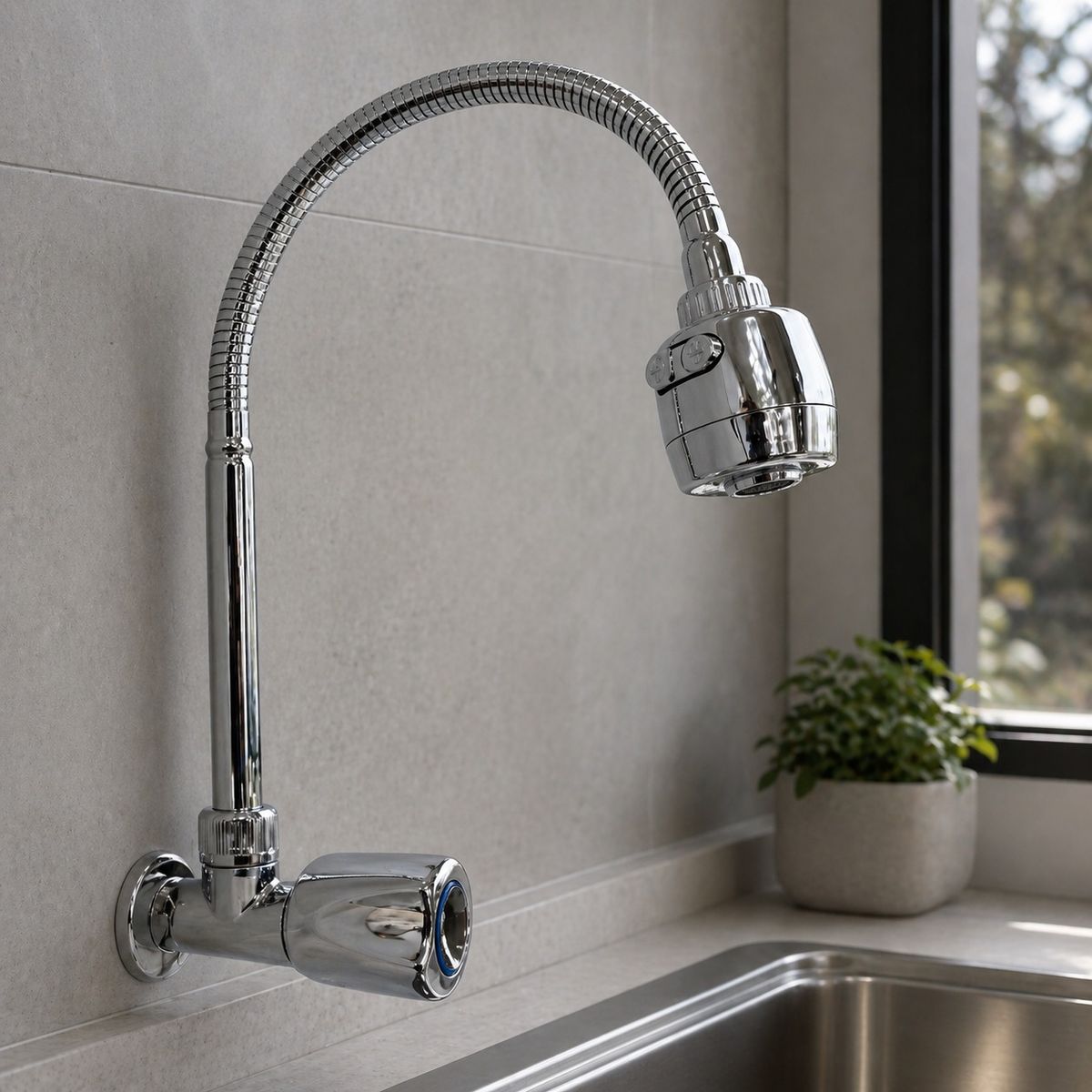 Grifo Llave Cocina Pared Apache agua fría pesado Cromado cuello flexible 47cm, marca APACHE - Foto Principal