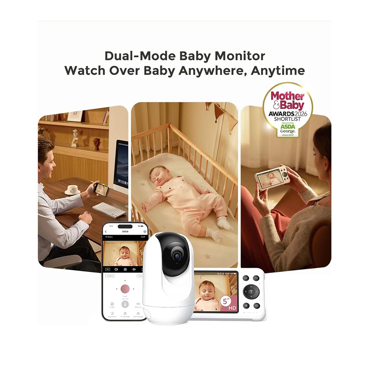 PUREPOWER - Smart WiFi Monitor de Video con Cámara HD,Visión Nocturna, Audio Bidireccional,  Alerta de Movimiento