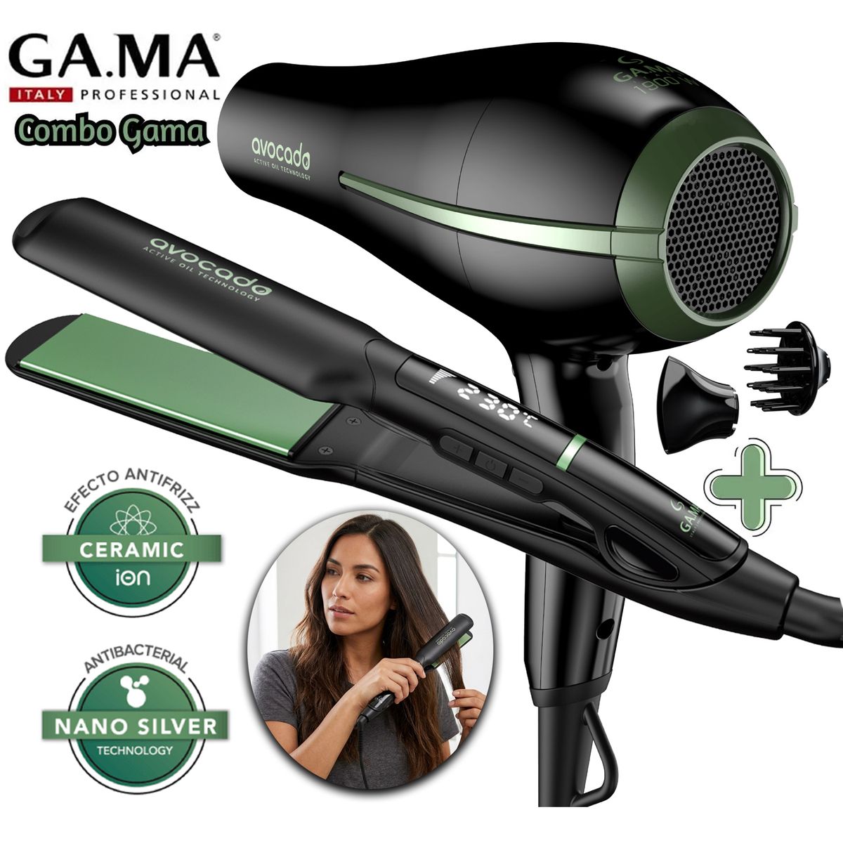 Gama - Combo GAMA Secadora Tempo Avocado 2897+Plancha Alisador X-Wide Avocado 2790