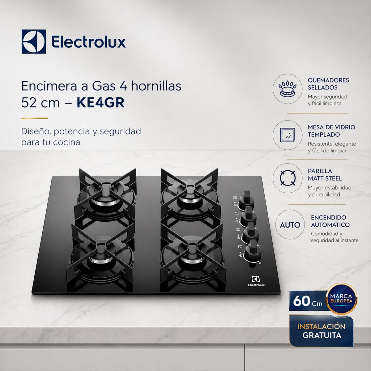 ELECTROLUX - Encimera Electrolux a Gas 4 hornillas 52 cm – KE4GR