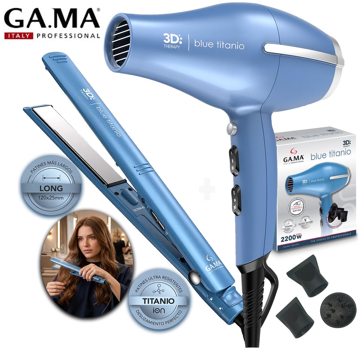 Gama - Combo GAMA Secadora Titanio 3D Therapy Anti-Frizz  2901 +Plancha Alisador 3D Titanio 2426