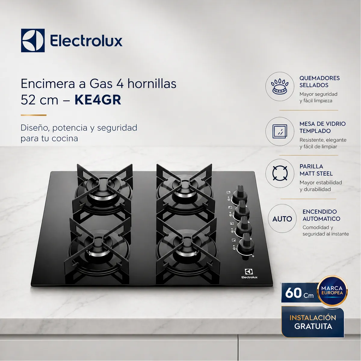 ELECTROLUX - Encimera Electrolux a Gas 4 hornillas 52 cm – KE4GR