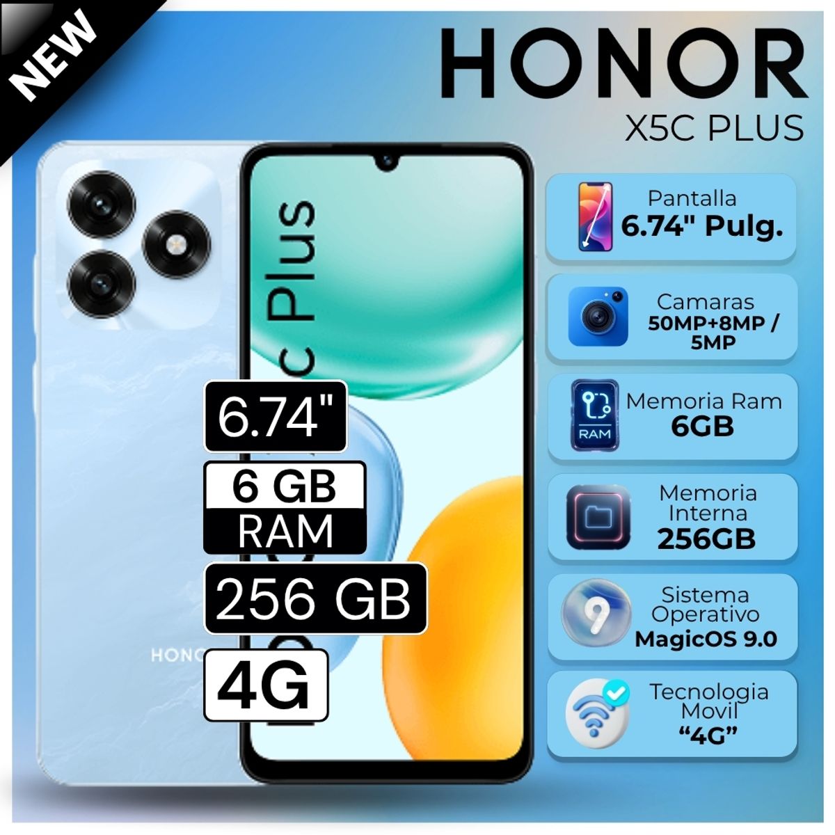 HONOR - Celular Honor X5C Plus 6.74"  Pulg.  6GB RAM 256GB MagicOS 9.0 - Azul Cian