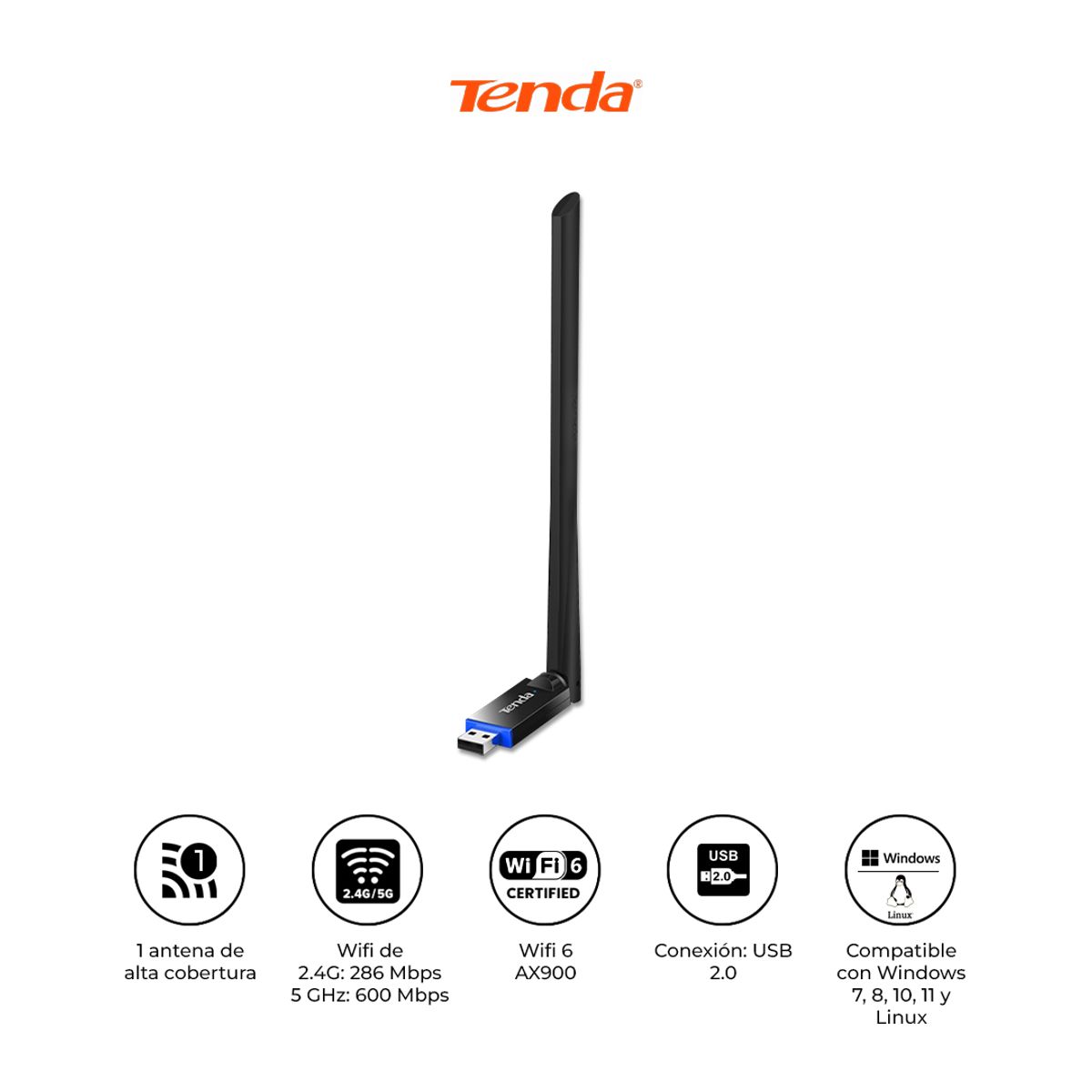 TENDA - Adaptador USB WiFi 6 Tenda U11 Pro AX900 Doble Banda