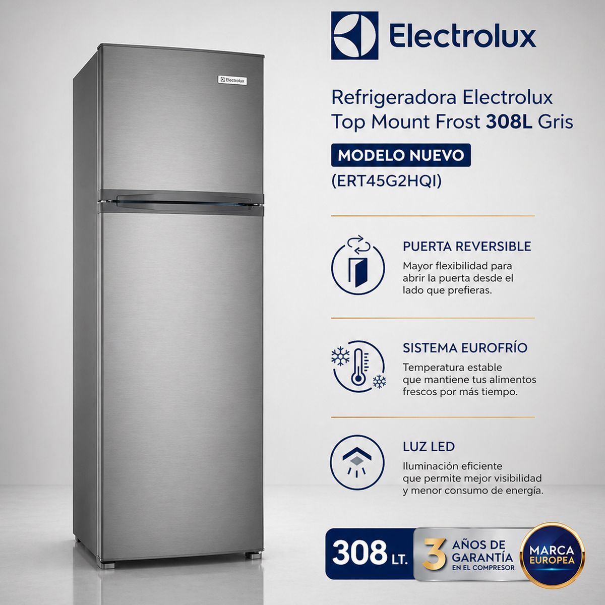 ELECTROLUX - Refrigeradora Electrolux Top Mount Frost 308L Gris ERT45G2HQI