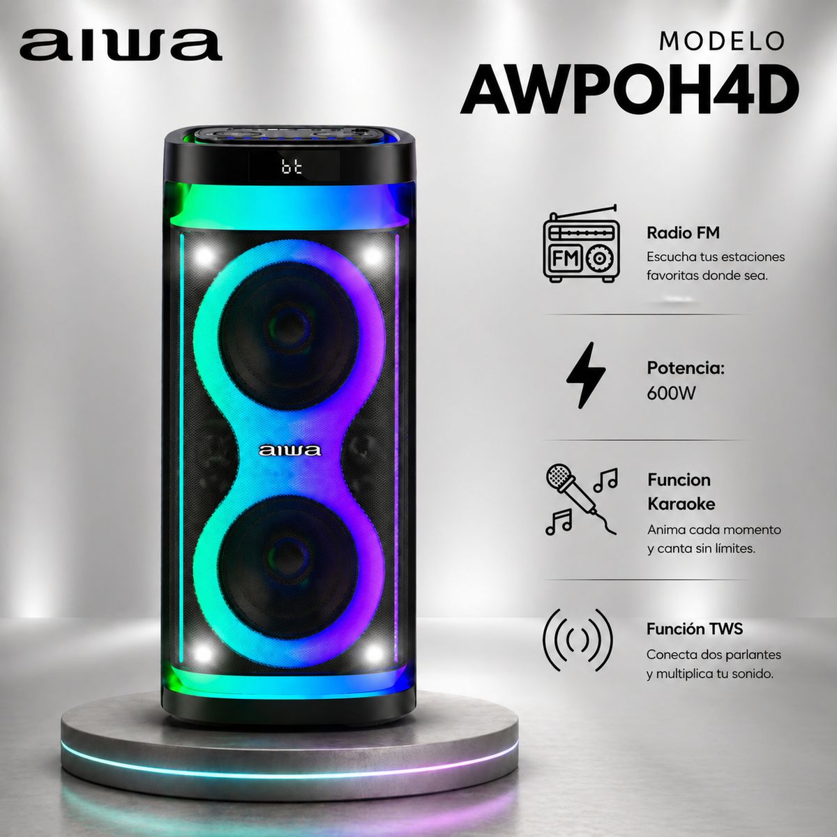 AIWA - Torre de Sonido Aiwa Con luces led Y Bluetooth AWPOH4D