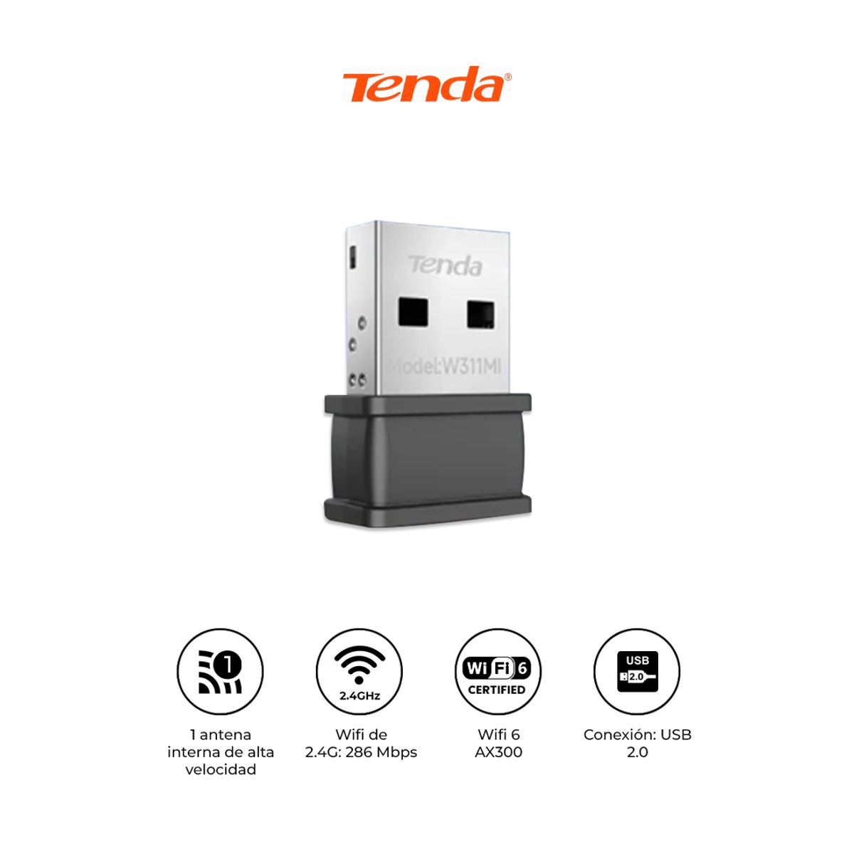 TENDA - Adaptador USB WiFi 6 Tenda W311MI AX300 Nano 286Mbps