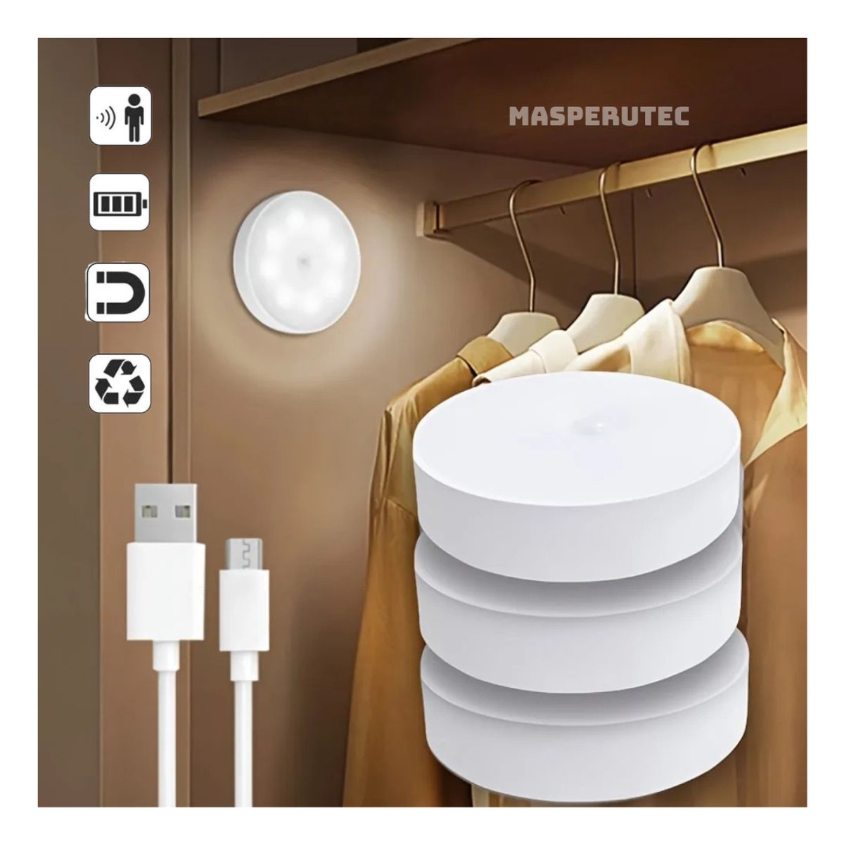 GENERICO - Luces Led con Sensor de Movimiento Recargable X3