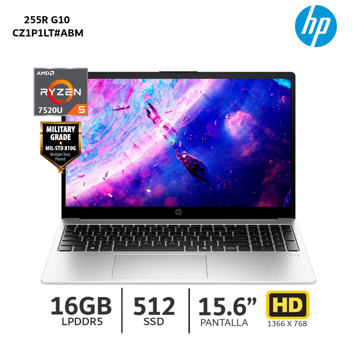 HP - Laptop HP 255R G10 Ryzen 5 7520U / 16Gb Ram / 512Gb SSD / 15.6” HD–CZ1P1LT#ABM