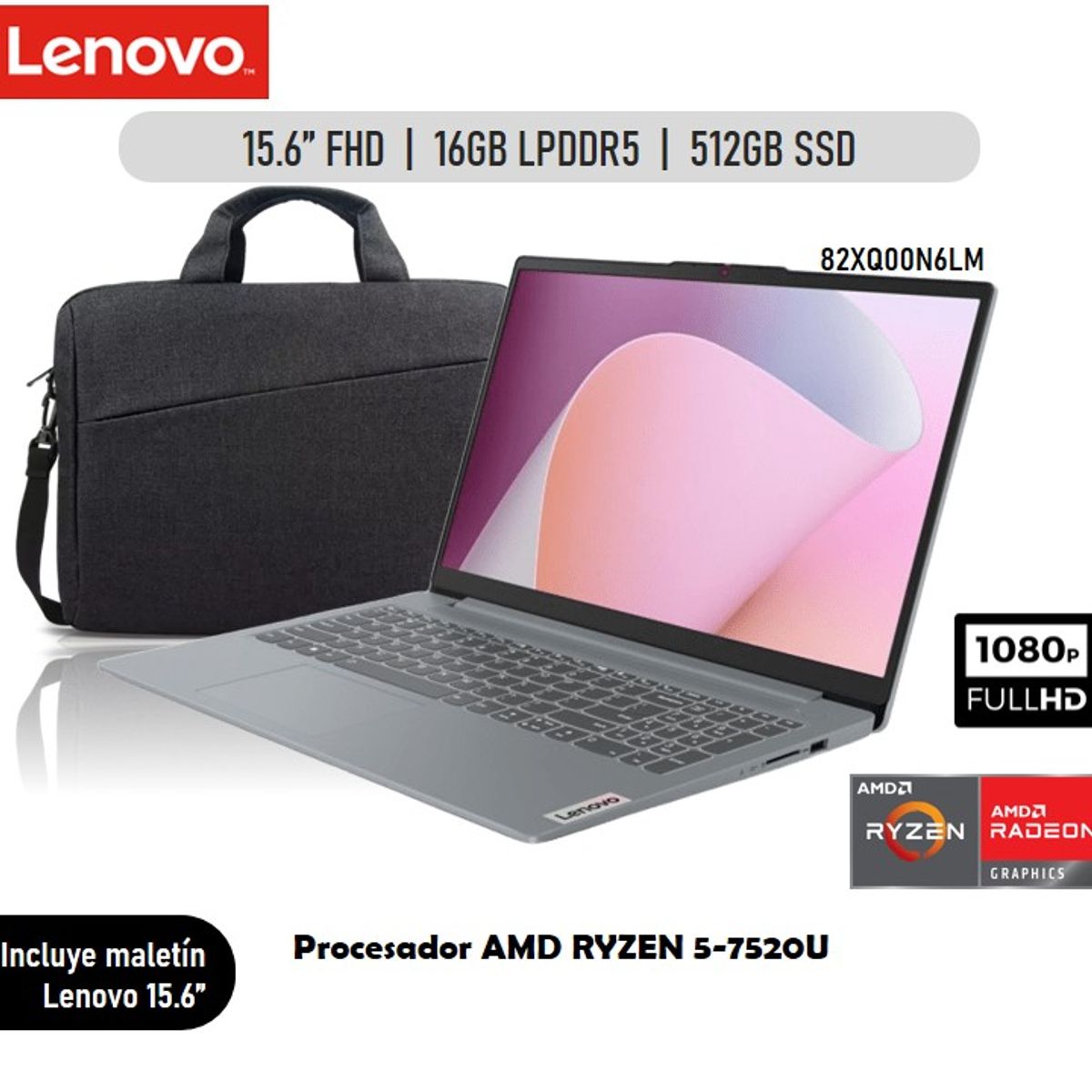LENOVO - Laptop Lenovo 15.6 Ryzen 5-7520U 16GB 512GB FreeDOS - Arctic Grey + Maletin Lenovo