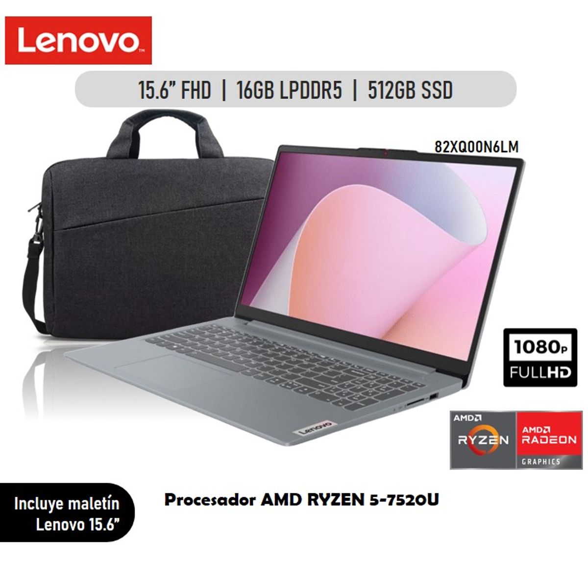 LENOVO - Laptop Lenovo 15.6 Ryzen 5-7520U 16GB 512GB FreeDOS - Arctic Grey + Maletin Lenovo