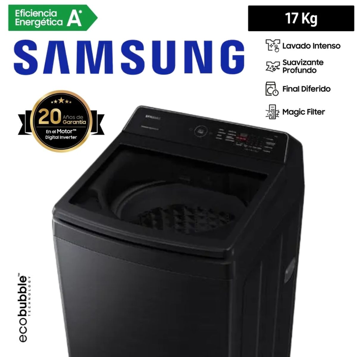SAMSUNG - LAVADORA SAMSUNG 17KG COLOR NEGRO MOD WA17CG6441BVPE