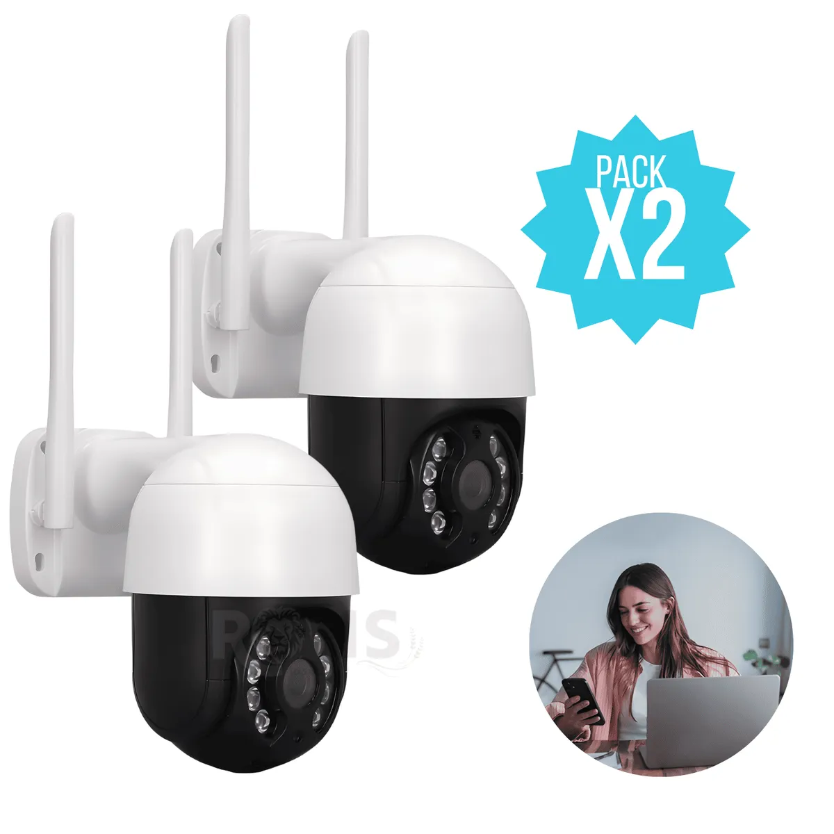 OEM - Pack 2 Cámaras Seguridad WiFi Exterior 360° HD Visión Nocturna Audio Estereo Detección Movimiento