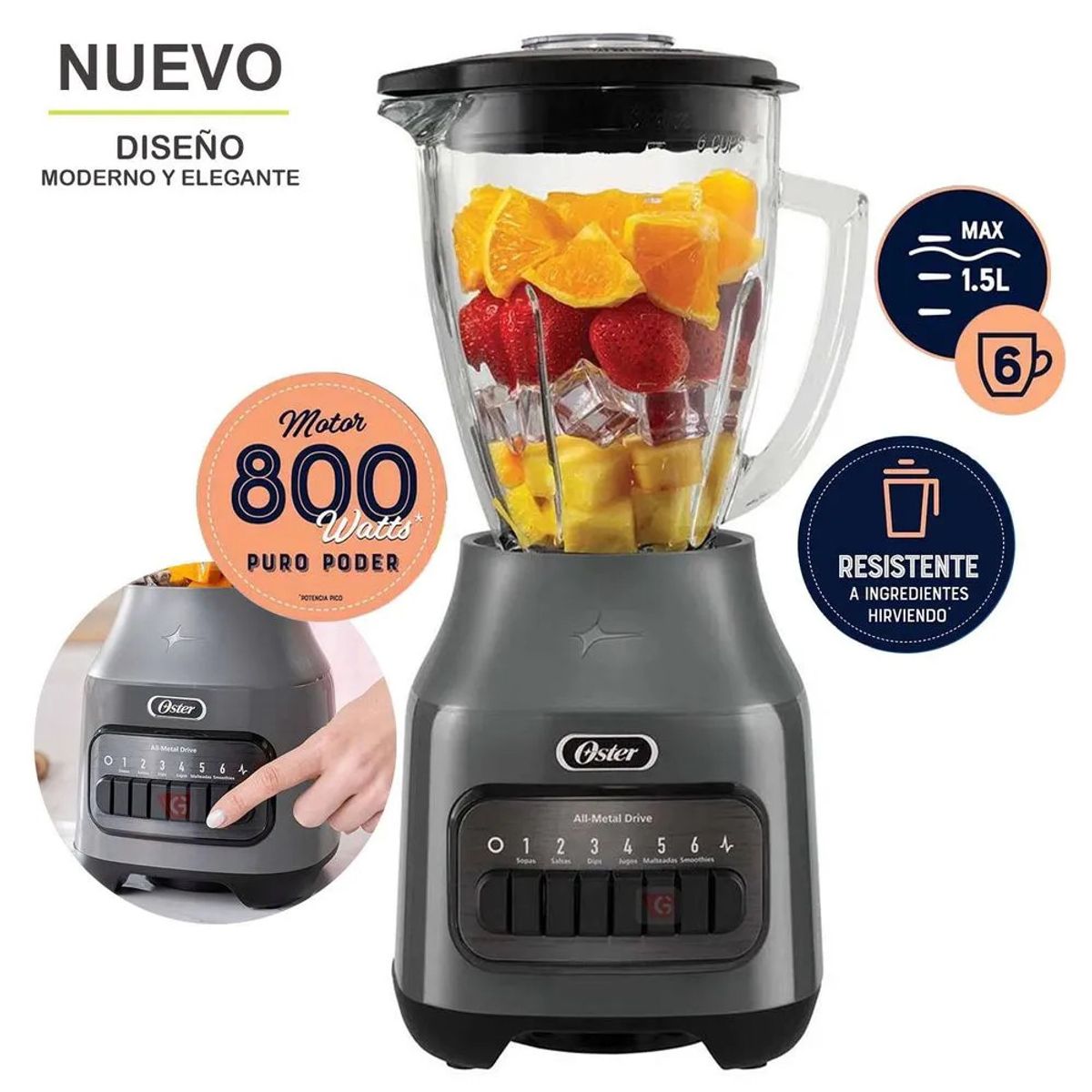 OSTER - Licuadora de 6 Velocidades 1.5 Listros Oster BLSTPEG-GPB 800W Gris