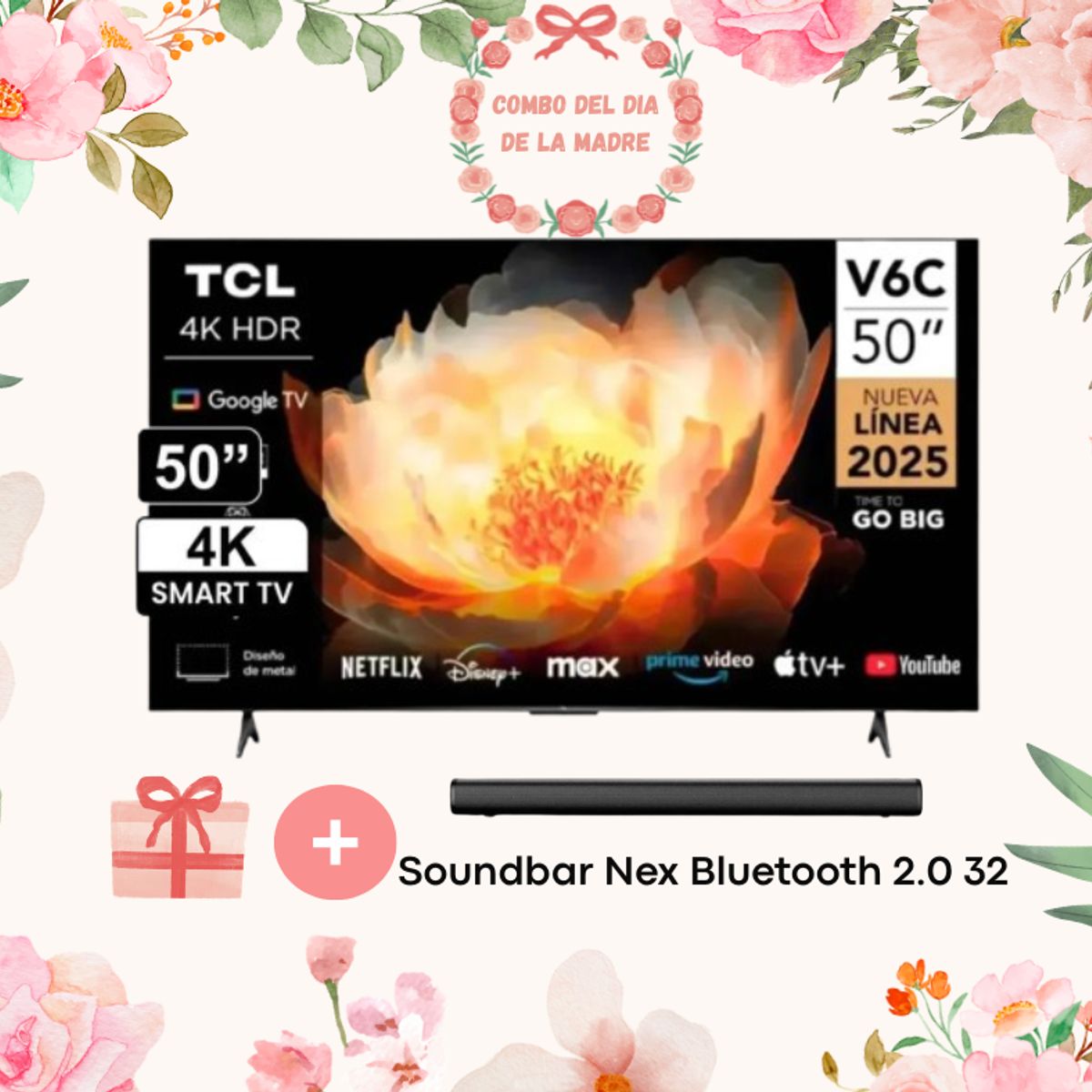 TCL - Televisor TCL 50” 4K UHD Smart TV Google TV 50V6C + Soundbar Nex Bluetooth 2.0 32
