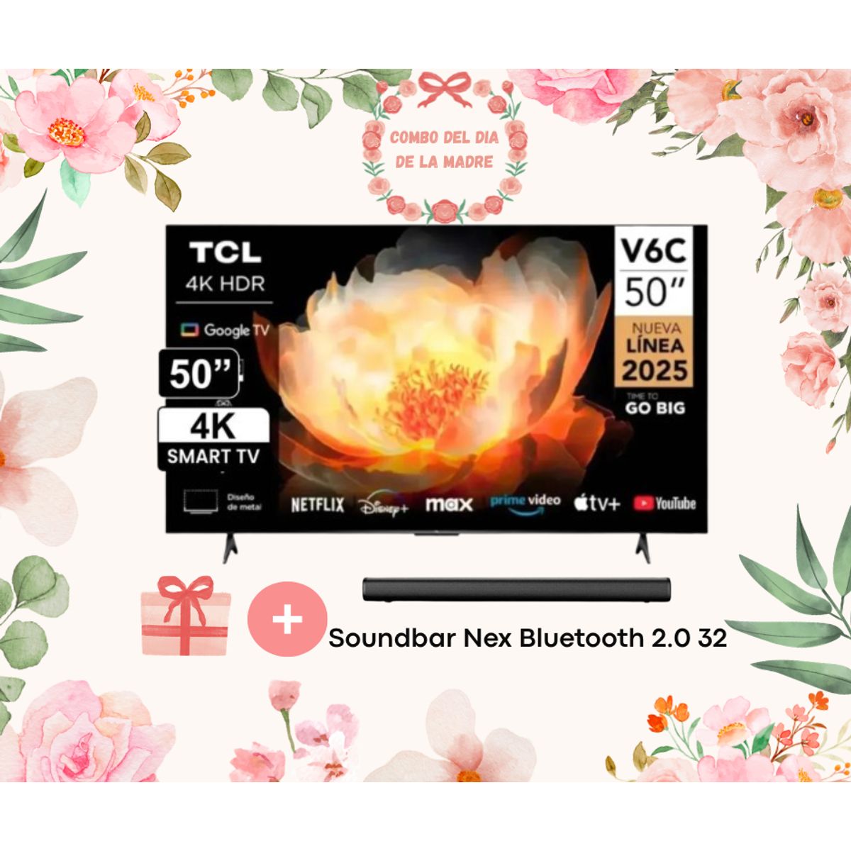 TCL - Televisor TCL 50” 4K UHD Smart TV Google TV 50V6C + Soundbar Nex Bluetooth 2.0 32