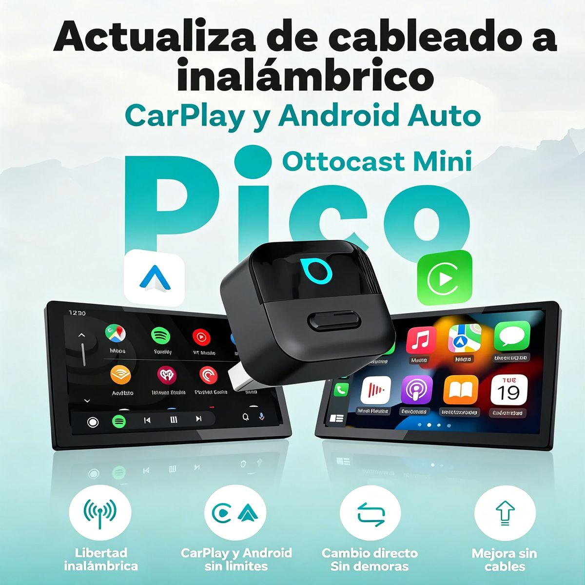 OTTOCAST - OTTOCAST Adaptador CarPlay y Android Auto Inalámbrico, Wi-Fi 6 y BT 5.4 Diseño Compacto