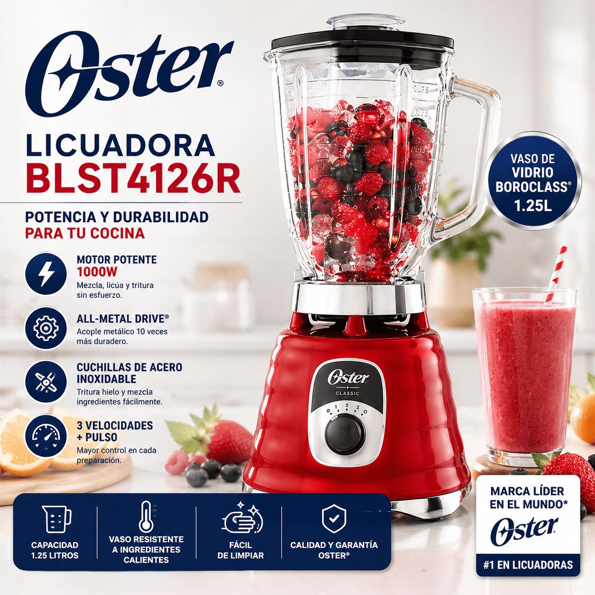OSTER - Licuadora Oster BLST4126R 1.25L 3 Velocidades Vaso de Vidrio Boroclass 1000W Roja