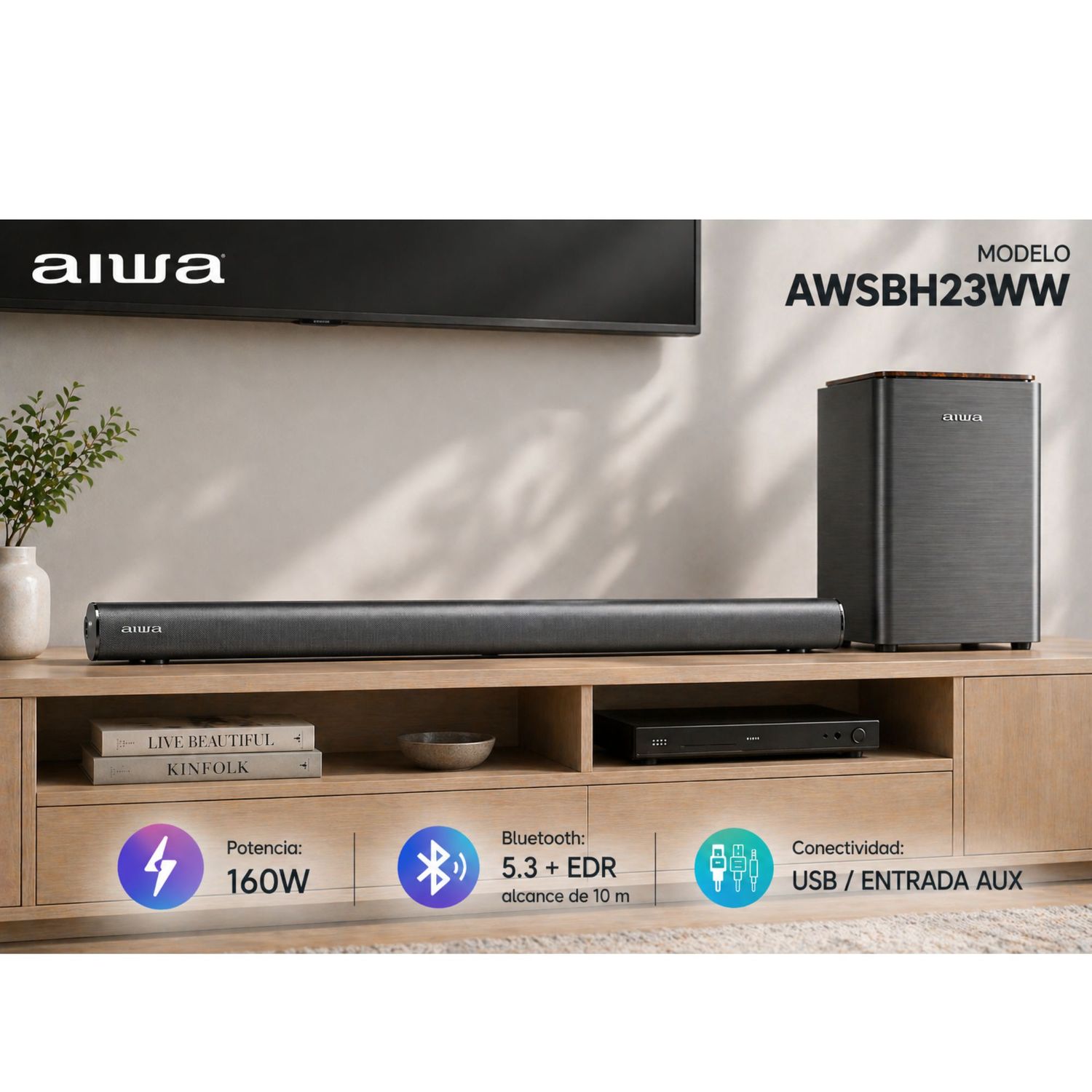 Barra de Sonido Aiwa AWSBH23WW Con Sub Woofer 2