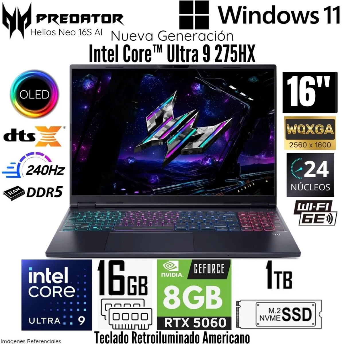 ACER - Laptop Acer Predator Helios NEO 16 AI Intel Core Ultra 9 275HX 16GB RAM 1TB SSD RTX5060-8GB 16"  OLED