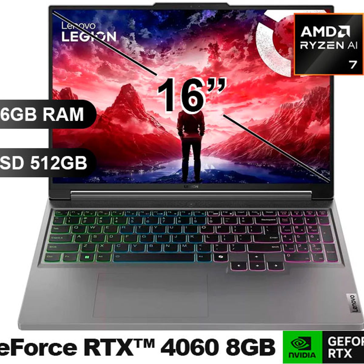LENOVO - Laptop LENOVO SLIM5 16AHP9 LEGION R7 8845HS,16GB RAM,512GB  SSD,RTX4060-8GB,SIN WINDOW,16",83DH0086LM