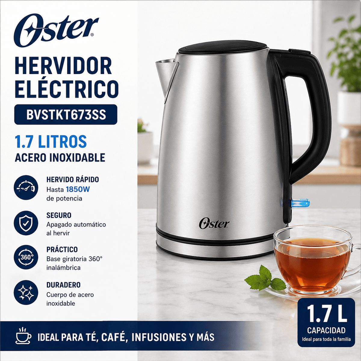 OSTER - Hervidor Eléctrico Oster BVSTKT673SS 1.7L Acero Inoxidable 2200W Base 360°