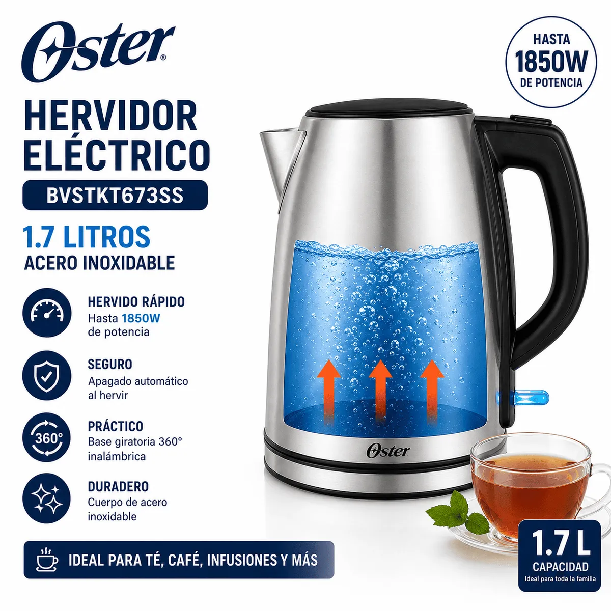 OSTER - Hervidor Eléctrico Oster BVSTKT673SS 1.7L Acero Inoxidable 2200W Base 360°